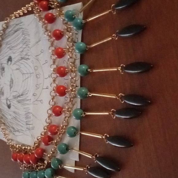 Handmade.Gold/and I black/Blue/Orange Stone Layered Necklace/Dangle Earrings Set - Picture 10 of 10